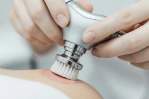 Dermabrasi: Solusi Penuh Risiko atau Berani untuk Stretch Mark? Alat dermabrasi dengan ujung sikat berputar sedang digunakan pada kulit
