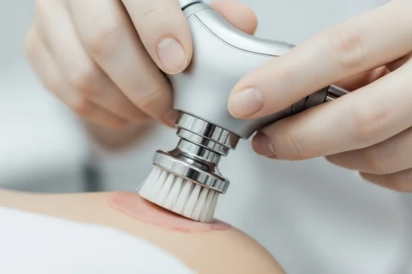 Dermabrasi: Solusi Penuh Risiko atau Berani untuk Stretch Mark? Alat dermabrasi dengan ujung sikat berputar sedang digunakan pada kulit